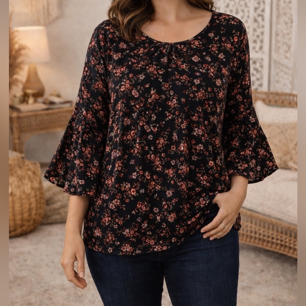 DR2 Floral Bell Sleeve Tunic Blouse | Boho Peasant Top | Size L